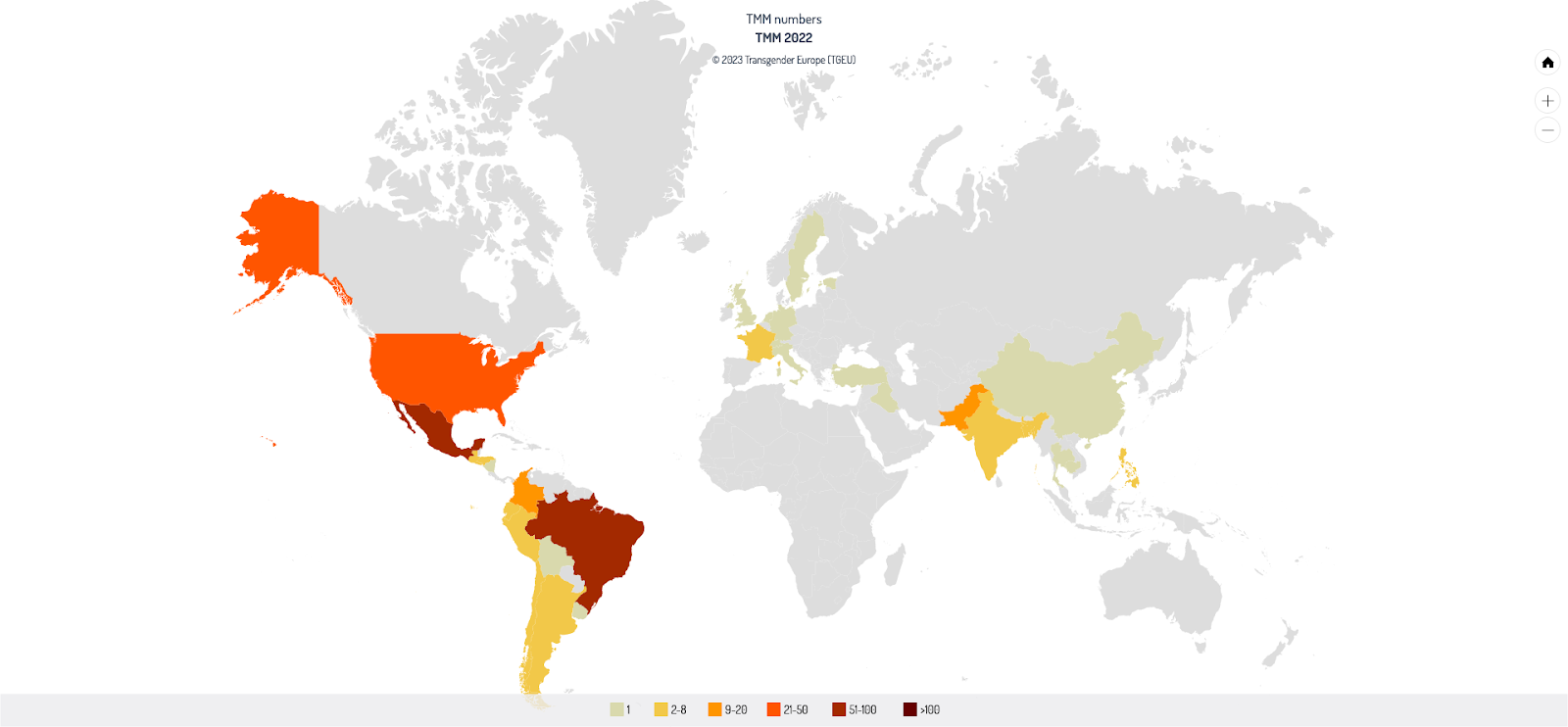 World map with results from the Trans Murder Monitoring in 2022: Brazil is the country with the highest number of murders, followed by México.